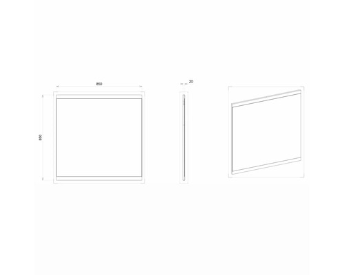 Technický výkres štvorcového zrkadla s rozmermi 850 x 850 x 20 mm.