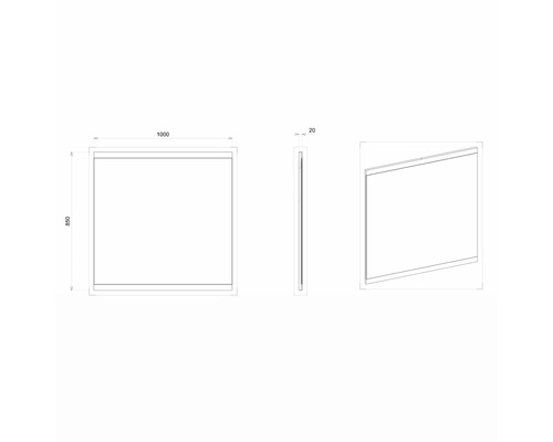 Technický výkres zrkadla s rozmermi 1000 x 850 x 20 mm.