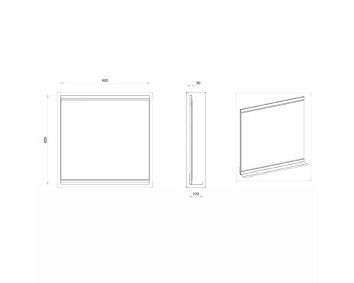 Technický výkres zrkadlovej skrinky s rozmermi 600 x 850 x 120 milimetrov.