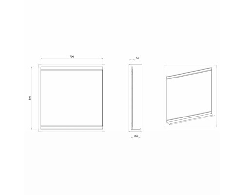 Technický nákres zrkadla s rozmermi 850 x 700 x 20 milimetrov.