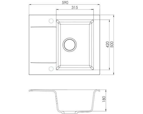 Technický nákres kuchynského drezu s rozmermi 590 x 500 mm
