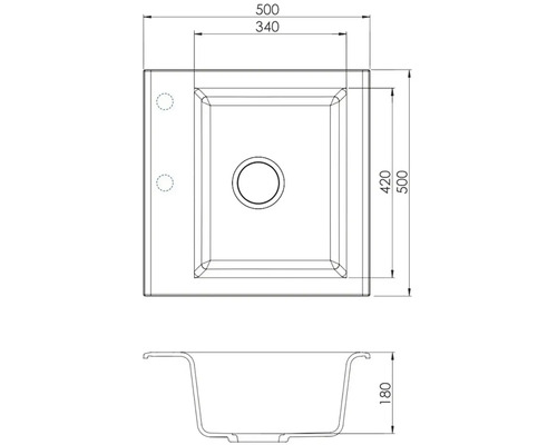 Nákres umývadla s rozmermi 500 x 500 x 180 mm