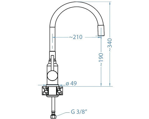 Technický nákres kuchynskej batérie s rozmermi