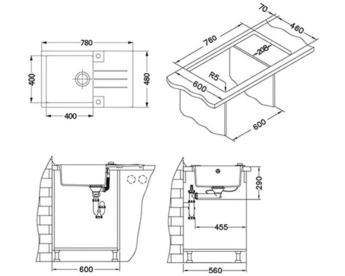 Technický nákres umývadla s rozmermi