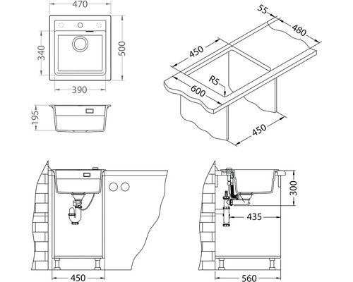 Technický nákres umývadlovej skrinky s rozmermi