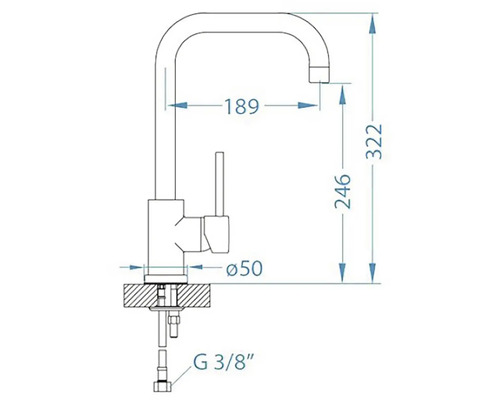 Nákres kuchynskej batérie s rozmermi.