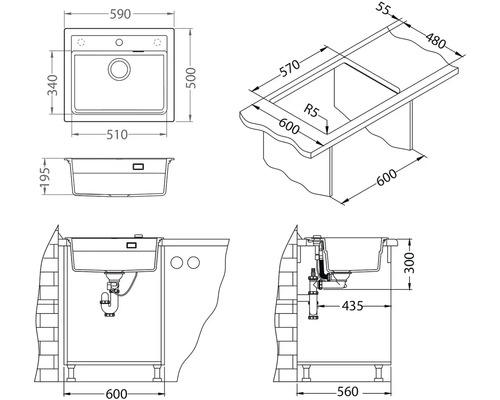 Technický nákres drezu s rozmermi