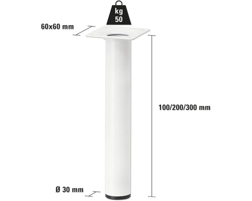 Kovová noha nábytku, priemer 30 mm, výška 100/200/300 mm, nosnosť 50 kilogramov