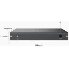 Sieťový videorekordér Reolink s rozmermi 189,6 mm x 106,6 mm x 25,6 mm.