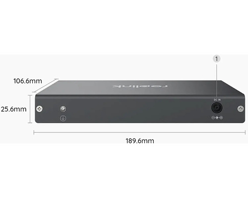 Sieťový videorekordér Reolink s rozmermi 189,6 mm x 106,6 mm x 25,6 mm.