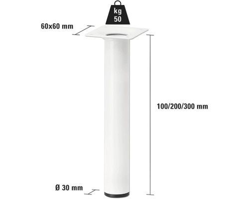 Biela kovová nábytková noha s rozmermi 100/200/300 mm a nosnosťou 50 kg