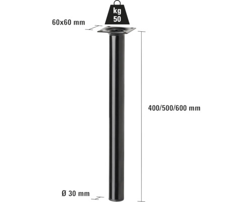 Kovová noha nábytku, výška 400/500/600 milimetrov a nosnosť 50 kilogramov