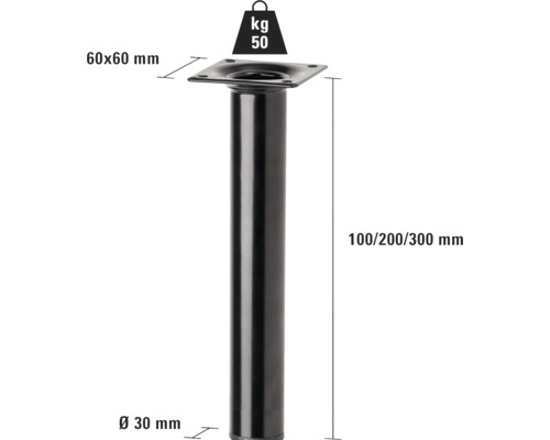 Kovová noha stola, výška 100/200/300 mm, priemer 30 mm, nosnosť 50 kilogramov