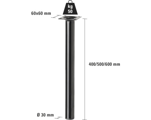 Kovová noha stola s nosnosťou 50 kilogramov a rozmermi 400, 500 alebo 600 milimetrov.