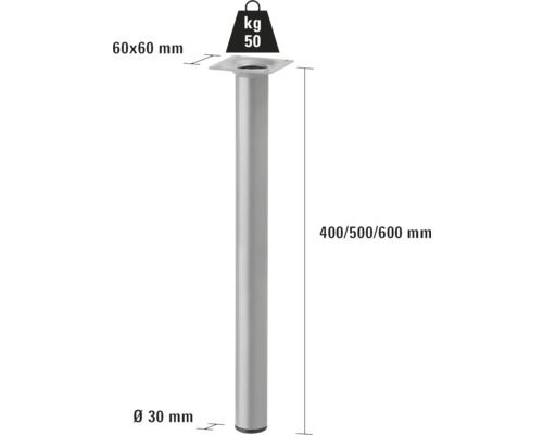 Kovová noha nábytku s nosnosťou 50 kilogramov a rozmermi 60 x 60 milimetrov.