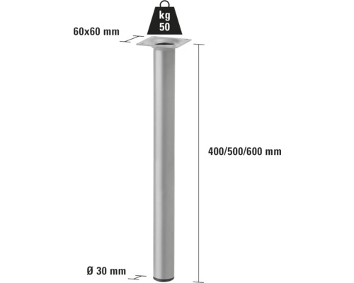 Nábytková noha s rozmermi 60 x 60 mm, priemerom 30 mm, výškou 400/500/600 mm a nosnosťou 50 kilogramov