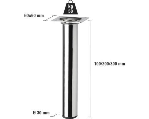 Kovová noha nábytku s rozmermi 60x60 mm, priemerom 30 mm, výškou 100/200/300 mm a nosnosťou 50 kg.