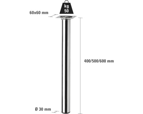 Nábytková noha, priemer 30 mm, dĺžka 400, 500 alebo 600 mm, nosnosť 50 kg