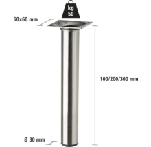 Kovová noha nábytku s rozmermi 60x60 mm, priemerom 30 mm a nosnosťou 50 kg.