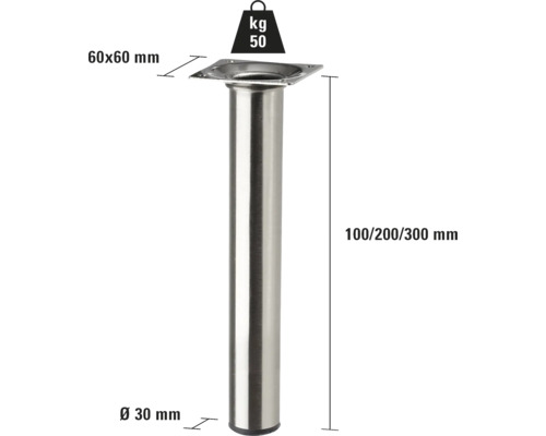 Kovová noha nábytku s rozmermi 60x60 mm, priemerom 30 mm a nosnosťou 50 kg.