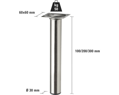 Kovová noha nábytku s rozmermi 60 x 60 mm, priemerom 30 mm a výškou 100/200/300 mm, nosnosť 50 kilogramov