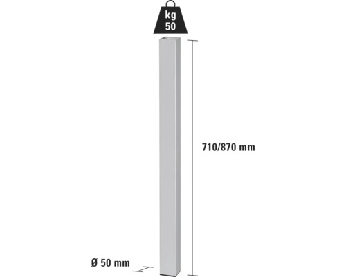 Kovový stĺpik s rozmermi 710/870 mm a priemerom 50 mm s maximálnou nosnosťou 50 kg