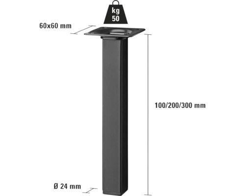Čierna kovová noha nábytku s rozmermi 100/200/300 mm a nosnosťou 50 kilogramov.