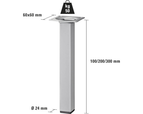 Kovová noha nábytku, výška 100/200/300 milimetrov, nosnosť 50 kilogramov