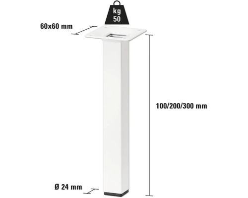 Produktová schéma nohy stola s rozmermi 60 x 60 mm, priemerom 24 mm, výškou 100, 200 alebo 300 mm a nosnosťou 50 kilogramov.