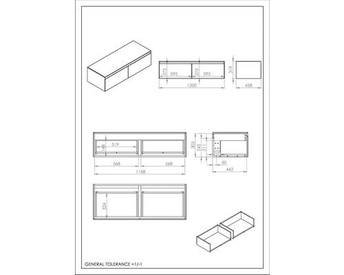 Technický výkres spodnej skrinky so zásuvkami a rozmermi