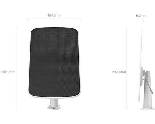 Zobrazenie rozmerov solárnej lampy s výškou 292,3 milimetrov, šírkou 194,3 milimetrov a hĺbkou 6,3 milimetrov.