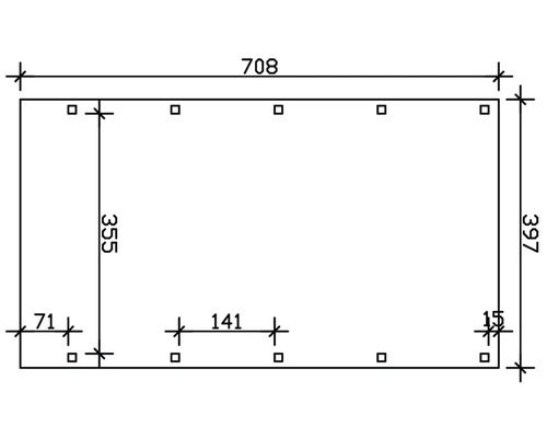 Technický nákres s rozmermi: šírka 708 mm, výška 397 mm, vnútorná výška 355 mm.