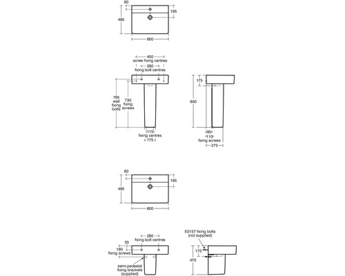 Technický nákres umývadla s rozmermi.