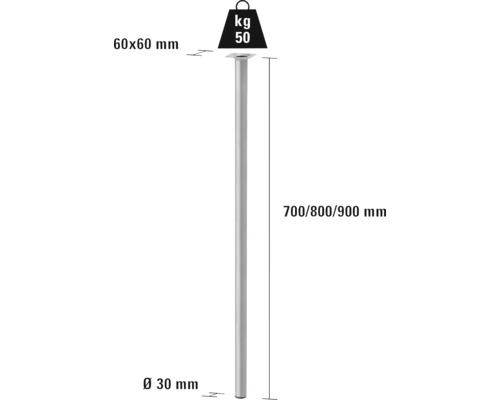 Technický nákres nábytkovej nohy s rozmermi 60 x 60 mm, priemerom 30 mm a výškou 700, 800 alebo 900 mm s nosnosťou 50 kg.