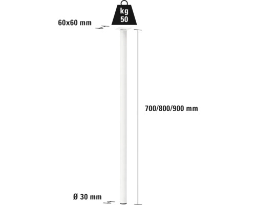 Technický nákres nábytkovej podpory s rozmermi 60x60 mm, priemerom 30 mm a výškou 700, 800 alebo 900 mm, nosnosť 50 kilogramov