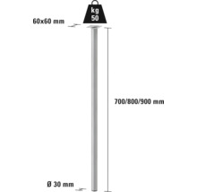 Ilustrácia kovovej podpory s rozmermi 700, 800 alebo 900 mm na výšku a 30 mm v priemere.
