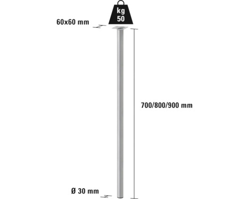 Ilustrácia kovovej podpory s rozmermi 700, 800 alebo 900 mm na výšku a 30 mm v priemere.