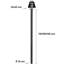 Noha stola s rozmermi 60x60 mm, priemerom 30 mm a nosnosťou 50 kg, dĺžka 700/800/900 mm.