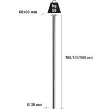 Produktové zobrazenie nohy stola s rozmermi 60 x 60 milimetrov, priemerom 30 milimetrov a dĺžkou 700, 800 alebo 900 milimetrov.