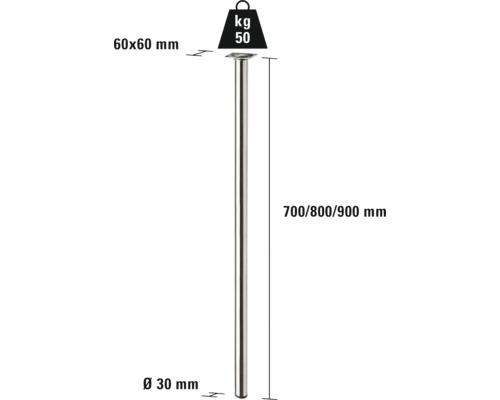 Kovová noha stola, priemer 30 milimetrov, dĺžka 700, 800 alebo 900 milimetrov, nosnosť 50 kilogramov