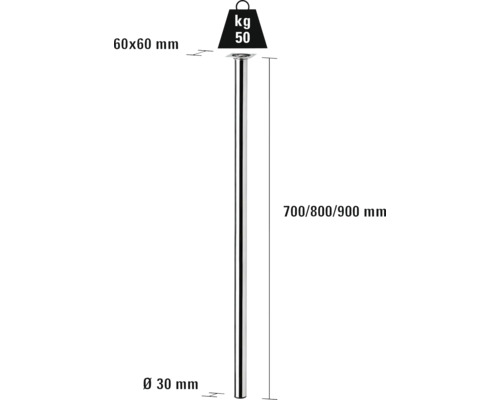 Nákres nohy stola s rozmermi 60 x 60 milimetrov, priemerom 30 milimetrov a dĺžkou 700, 800 alebo 900 milimetrov