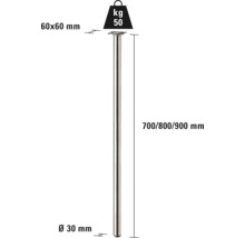 Obrázok nohy stola s rozmermi 60 x 60 mm, priemer 30 mm, výška 700, 800 a 900 mm, nosnosť 50 kg.
