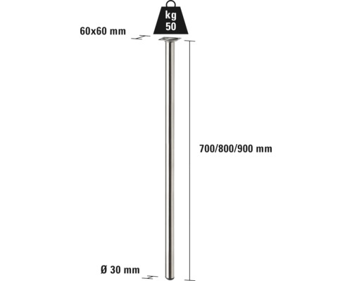 Obrázok nohy stola s rozmermi 60 x 60 mm, priemer 30 mm, výška 700, 800 a 900 mm, nosnosť 50 kg.