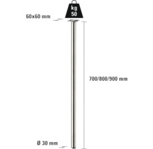 Technický nákres nohy stola s rozmermi 60 x 60 mm pre montážnu dosku, priemerom 30 mm a dĺžkou 700, 800 alebo 900 mm. Maximálna nosnosť je 50 kg.