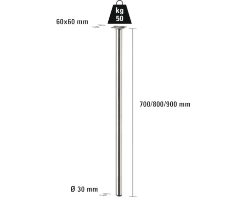 Technický nákres nohy stola s rozmermi 60 x 60 mm pre montážnu dosku, priemerom 30 mm a dĺžkou 700, 800 alebo 900 mm. Maximálna nosnosť je 50 kg.