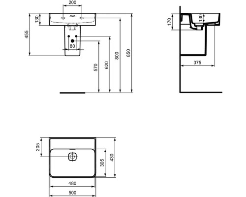 Technický výkres umývadla s rozmermi