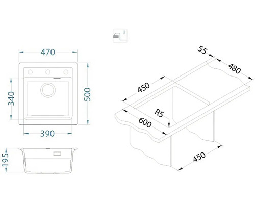 Technický nákres umývadla s rozmermi
