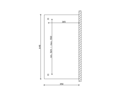 Technický výkres s rozmermi produktu s výškou 648 mm a šírkou 350 mm