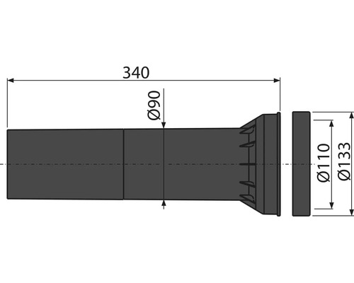 Technický nákres rúry s rozmermi priemer 90 mm, priemer 110 mm, priemer 133 mm a dĺžka 340 mm.