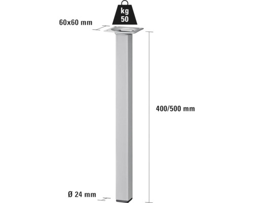 Noha stola s nosnosťou 50 kilogramov a rozmermi 60 x 60 milimetrov, výška 400 až 500 milimetrov, priemer 24 milimetrov